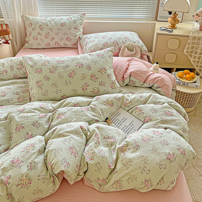 91家纺网 家纺一手货源 找家纺 金梦拉家纺 2025新款提花纱布棉双层纱皱皱纱四件套 薄荷初夏