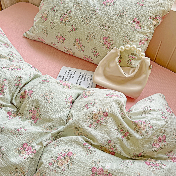 91家纺网 家纺一手货源 找家纺 金梦拉家纺 2025新款提花纱布棉双层纱皱皱纱四件套 薄荷初夏