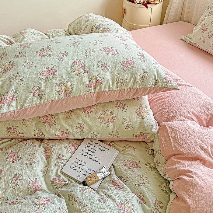 91家纺网 家纺一手货源 找家纺 金梦拉家纺 2025新款提花纱布棉双层纱皱皱纱四件套 薄荷初夏