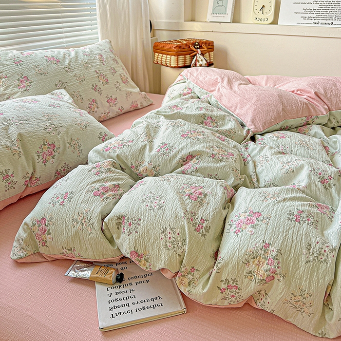 91家纺网 家纺一手货源 找家纺 金梦拉家纺 2025新款提花纱布棉双层纱皱皱纱四件套 薄荷初夏