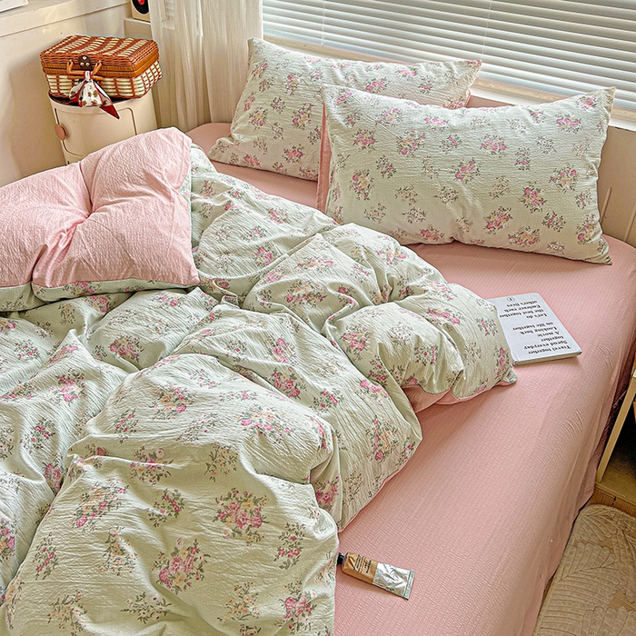 91家纺网 家纺一手货源 找家纺 金梦拉家纺 2025新款提花纱布棉双层纱皱皱纱四件套 薄荷初夏