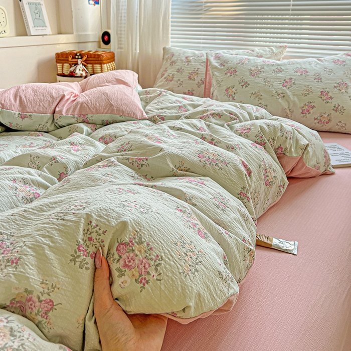 91家纺网 家纺一手货源 找家纺 金梦拉家纺 2025新款提花纱布棉双层纱皱皱纱四件套 薄荷初夏