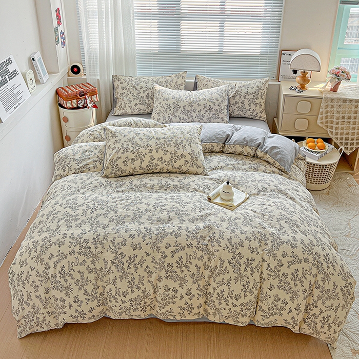 91家纺网 家纺一手货源 找家纺 金梦拉家纺 2025新款提花纱布棉双层纱皱皱纱四件套 法式浪漫