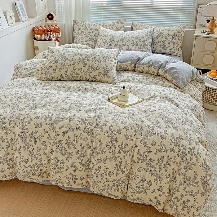 91家纺网 家纺一手货源 找家纺 金梦拉家纺 2025新款提花纱布棉双层纱皱皱纱四件套 法式浪漫