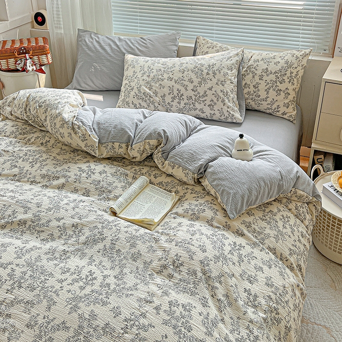 91家纺网 家纺一手货源 找家纺 金梦拉家纺 2025新款提花纱布棉双层纱皱皱纱四件套 法式浪漫