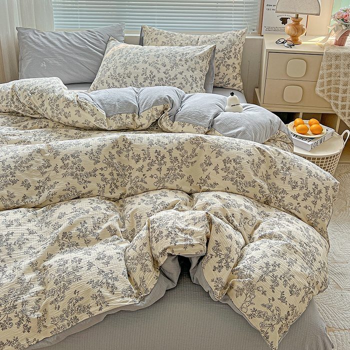 91家纺网 家纺一手货源 找家纺 金梦拉家纺 2025新款提花纱布棉双层纱皱皱纱四件套 法式浪漫