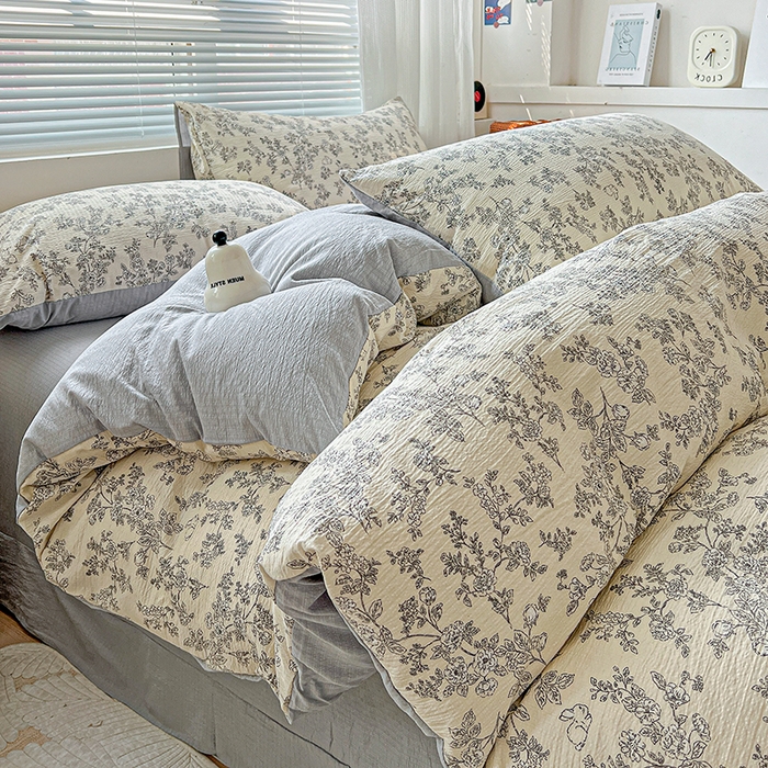 91家纺网 家纺一手货源 找家纺 金梦拉家纺 2025新款提花纱布棉双层纱皱皱纱四件套 法式浪漫