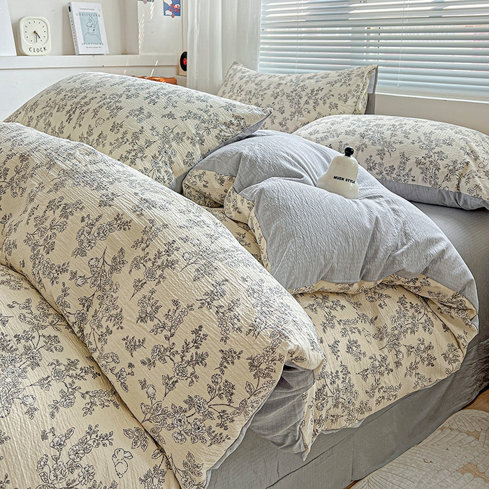 91家纺网 家纺一手货源 找家纺 金梦拉家纺 2025新款提花纱布棉双层纱皱皱纱四件套 法式浪漫