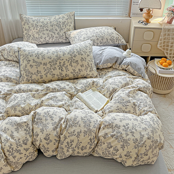 91家纺网 家纺一手货源 找家纺 金梦拉家纺 2025新款提花纱布棉双层纱皱皱纱四件套 法式浪漫