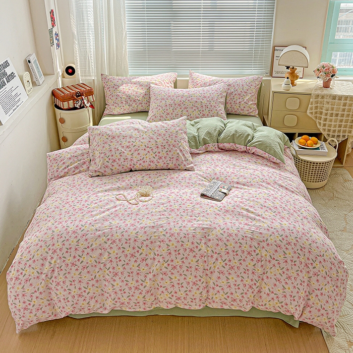 91家纺网 家纺一手货源 找家纺 金梦拉家纺 2025新款提花纱布棉双层纱皱皱纱四件套 粉杏绿