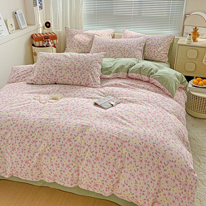 91家纺网 家纺一手货源 找家纺 金梦拉家纺 2025新款提花纱布棉双层纱皱皱纱四件套 粉杏绿