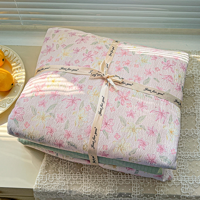 金梦拉家纺 2025新款提花纱布棉双层纱皱皱纱四件套 粉杏绿