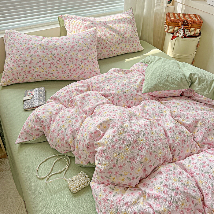 91家纺网 家纺一手货源 找家纺 金梦拉家纺 2025新款提花纱布棉双层纱皱皱纱四件套 粉杏绿