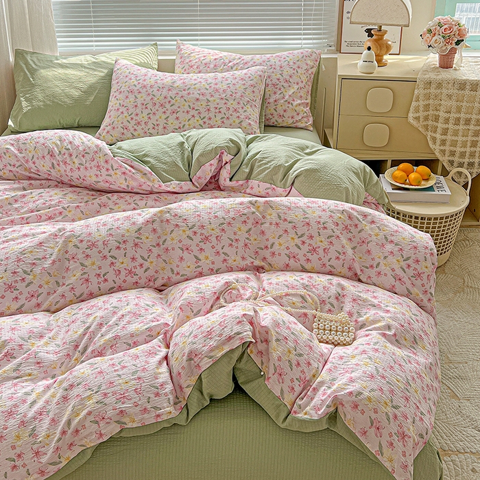 91家纺网 家纺一手货源 找家纺 金梦拉家纺 2025新款提花纱布棉双层纱皱皱纱四件套 粉杏绿