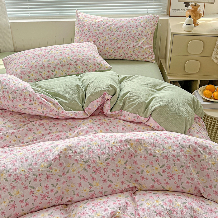 91家纺网 家纺一手货源 找家纺 金梦拉家纺 2025新款提花纱布棉双层纱皱皱纱四件套 粉杏绿