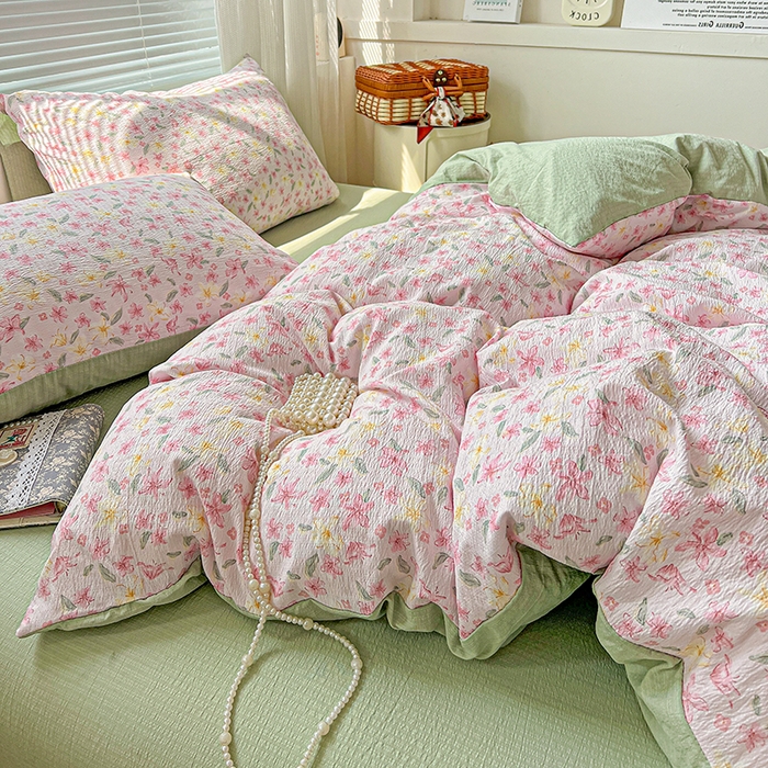 91家纺网 家纺一手货源 找家纺 金梦拉家纺 2025新款提花纱布棉双层纱皱皱纱四件套 粉杏绿