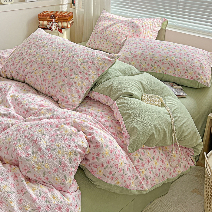 91家纺网 家纺一手货源 找家纺 金梦拉家纺 2025新款提花纱布棉双层纱皱皱纱四件套 粉杏绿