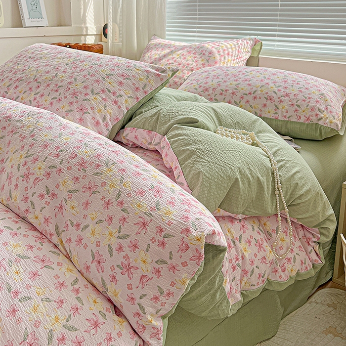 91家纺网 家纺一手货源 找家纺 金梦拉家纺 2025新款提花纱布棉双层纱皱皱纱四件套 粉杏绿