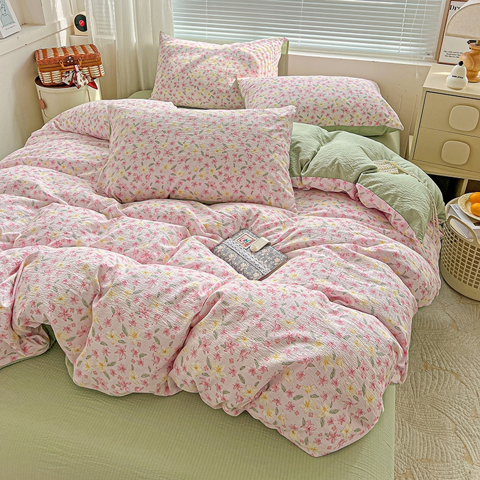 91家纺网 家纺一手货源 找家纺 金梦拉家纺 2025新款提花纱布棉双层纱皱皱纱四件套 粉杏绿