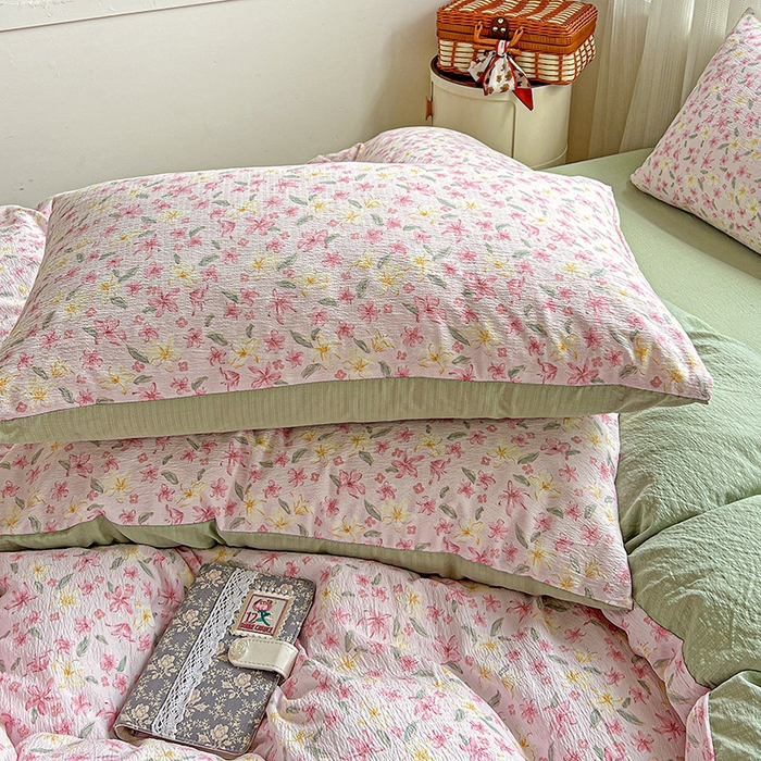 91家纺网 家纺一手货源 找家纺 金梦拉家纺 2025新款提花纱布棉双层纱皱皱纱四件套 粉杏绿