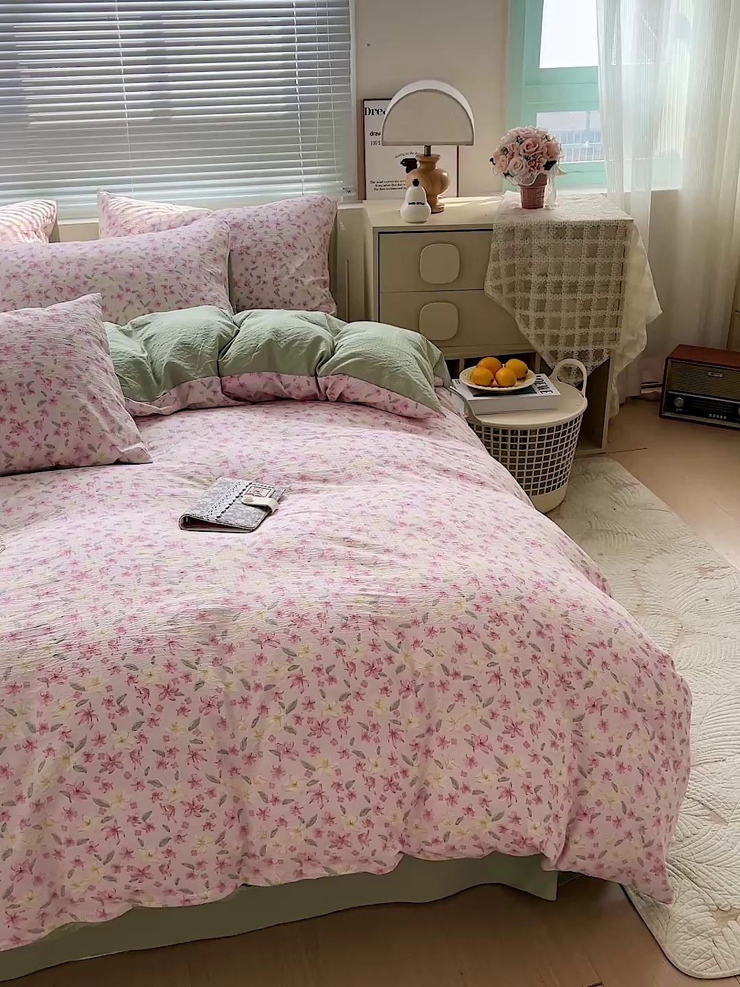 91家纺网 家纺一手货源 找家纺 金梦拉家纺 2025新款提花纱布棉双层纱皱皱纱四件套 粉杏绿