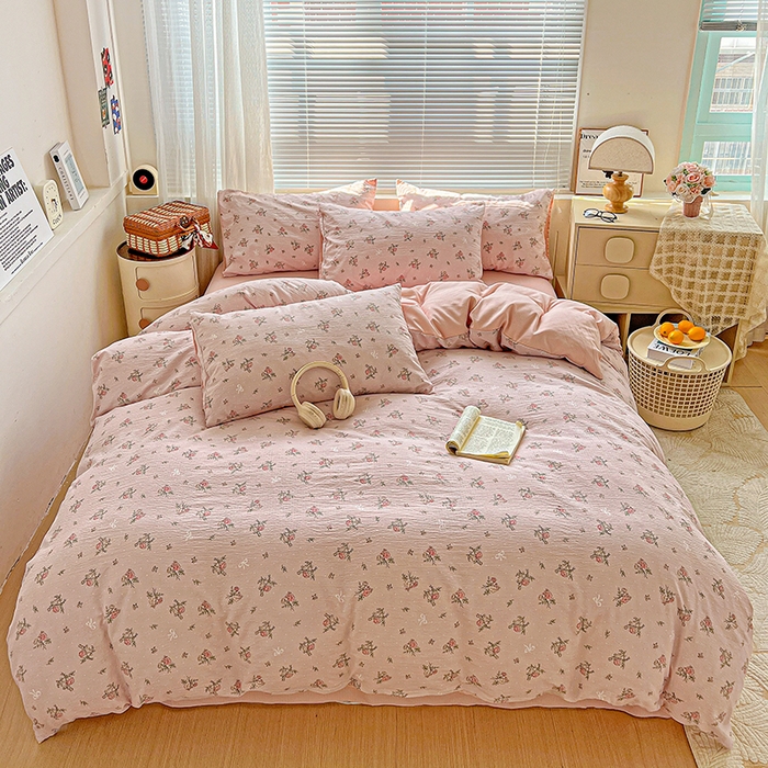 91家纺网 家纺一手货源 找家纺 金梦拉家纺 2025新款提花纱布棉双层纱皱皱纱四件套 花颜