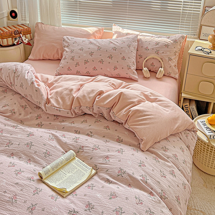 91家纺网 家纺一手货源 找家纺 金梦拉家纺 2025新款提花纱布棉双层纱皱皱纱四件套 花颜