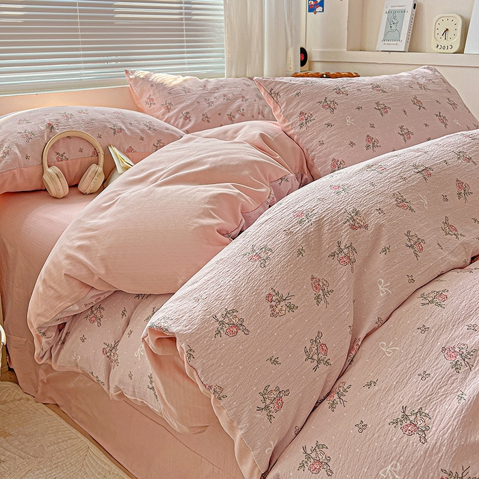 91家纺网 家纺一手货源 找家纺 金梦拉家纺 2025新款提花纱布棉双层纱皱皱纱四件套 花颜