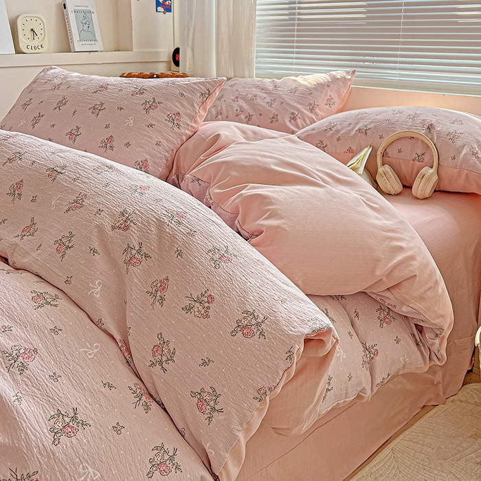 91家纺网 家纺一手货源 找家纺 金梦拉家纺 2025新款提花纱布棉双层纱皱皱纱四件套 花颜