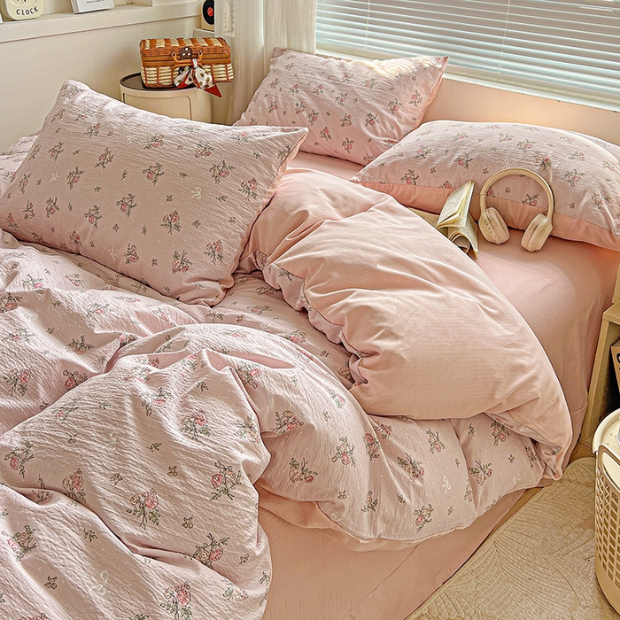 91家纺网 家纺一手货源 找家纺 金梦拉家纺 2025新款提花纱布棉双层纱皱皱纱四件套 花颜