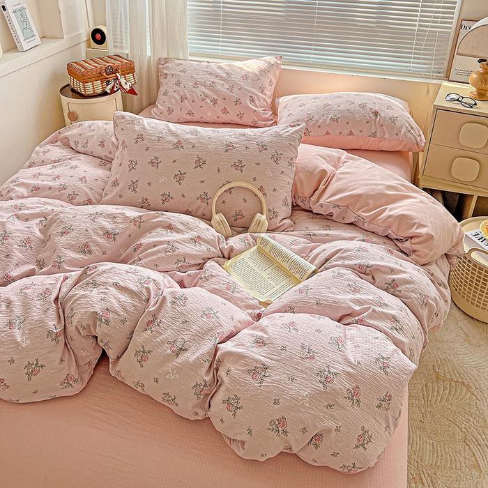 91家纺网 家纺一手货源 找家纺 金梦拉家纺 2025新款提花纱布棉双层纱皱皱纱四件套 花颜