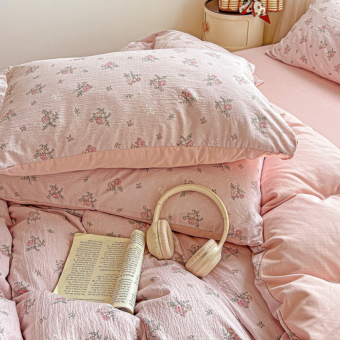 91家纺网 家纺一手货源 找家纺 金梦拉家纺 2025新款提花纱布棉双层纱皱皱纱四件套 花颜