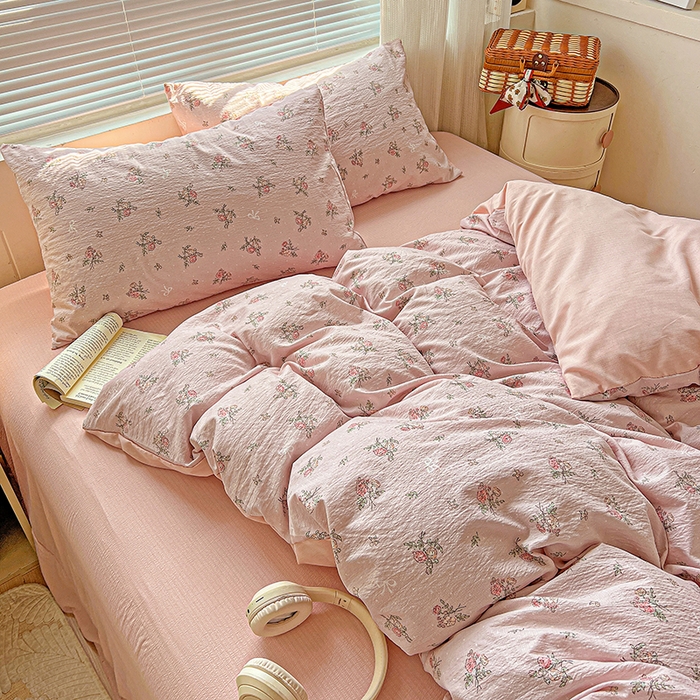 91家纺网 家纺一手货源 找家纺 金梦拉家纺 2025新款提花纱布棉双层纱皱皱纱四件套 花颜