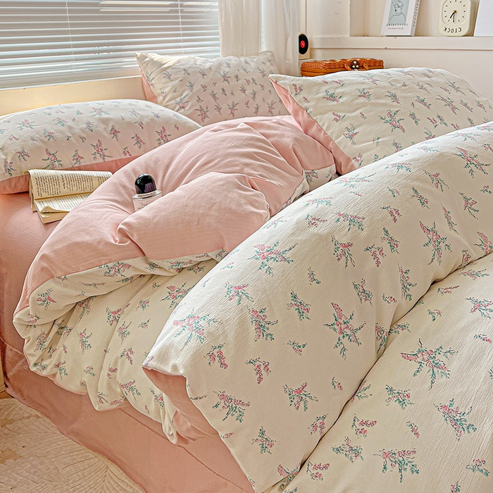 91家纺网 家纺一手货源 找家纺 金梦拉家纺 2025新款提花纱布棉双层纱皱皱纱四件套 惠心