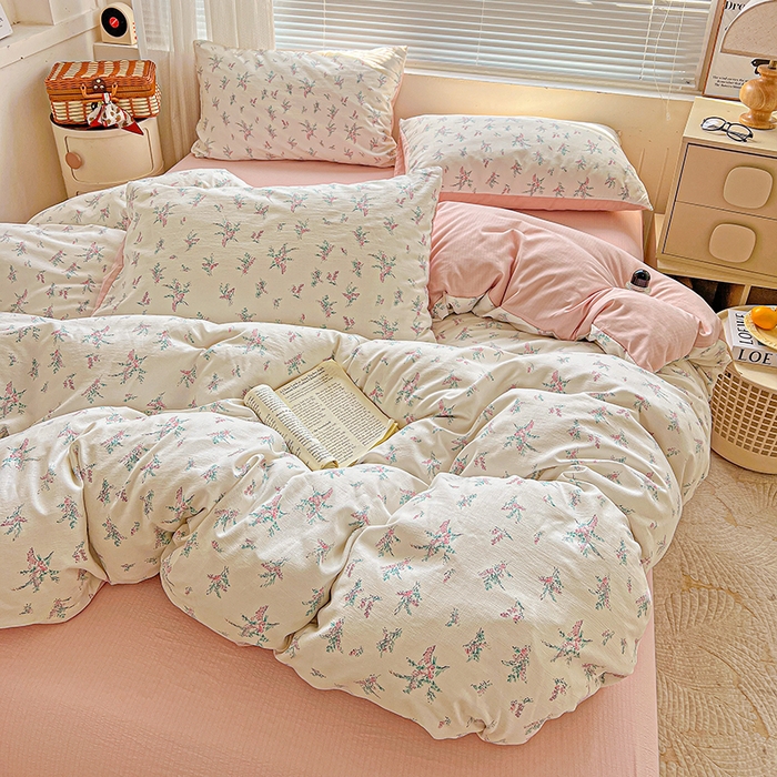 91家纺网 家纺一手货源 找家纺 金梦拉家纺 2025新款提花纱布棉双层纱皱皱纱四件套 惠心