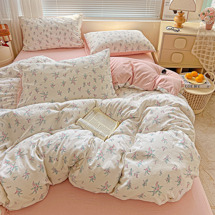 91家纺网 家纺一手货源 找家纺 金梦拉家纺 2025新款提花纱布棉双层纱皱皱纱四件套 惠心