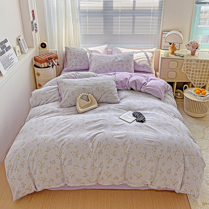 91家纺网 家纺一手货源 找家纺 金梦拉家纺 2025新款提花纱布棉双层纱皱皱纱四件套 桔梗紫