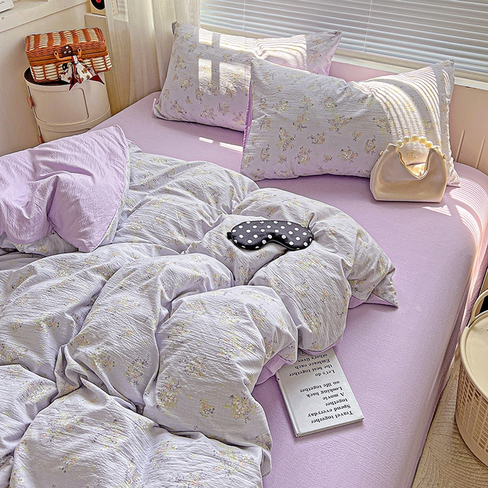 91家纺网 家纺一手货源 找家纺 金梦拉家纺 2025新款提花纱布棉双层纱皱皱纱四件套 桔梗紫