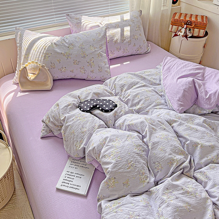 91家纺网 家纺一手货源 找家纺 金梦拉家纺 2025新款提花纱布棉双层纱皱皱纱四件套 桔梗紫