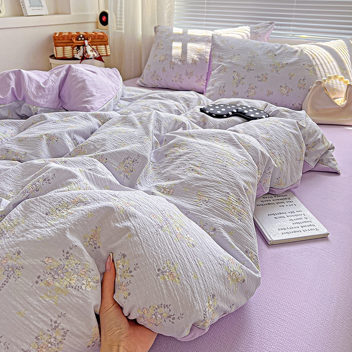 91家纺网 家纺一手货源 找家纺 金梦拉家纺 2025新款提花纱布棉双层纱皱皱纱四件套 桔梗紫