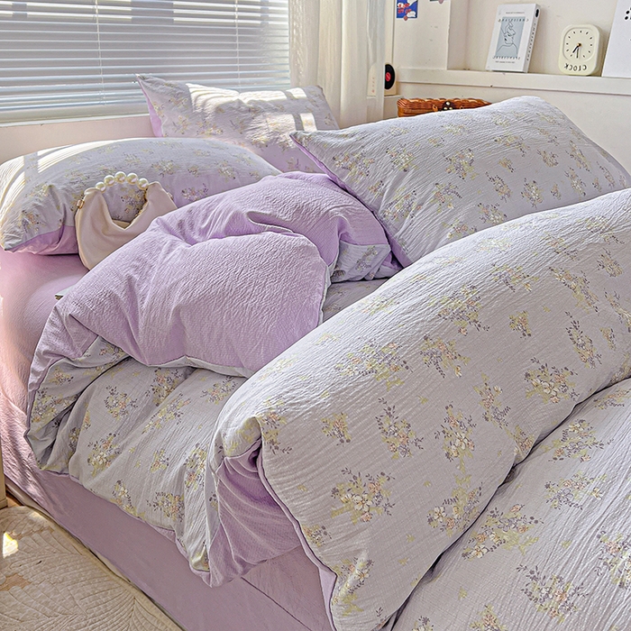 91家纺网 家纺一手货源 找家纺 金梦拉家纺 2025新款提花纱布棉双层纱皱皱纱四件套 桔梗紫