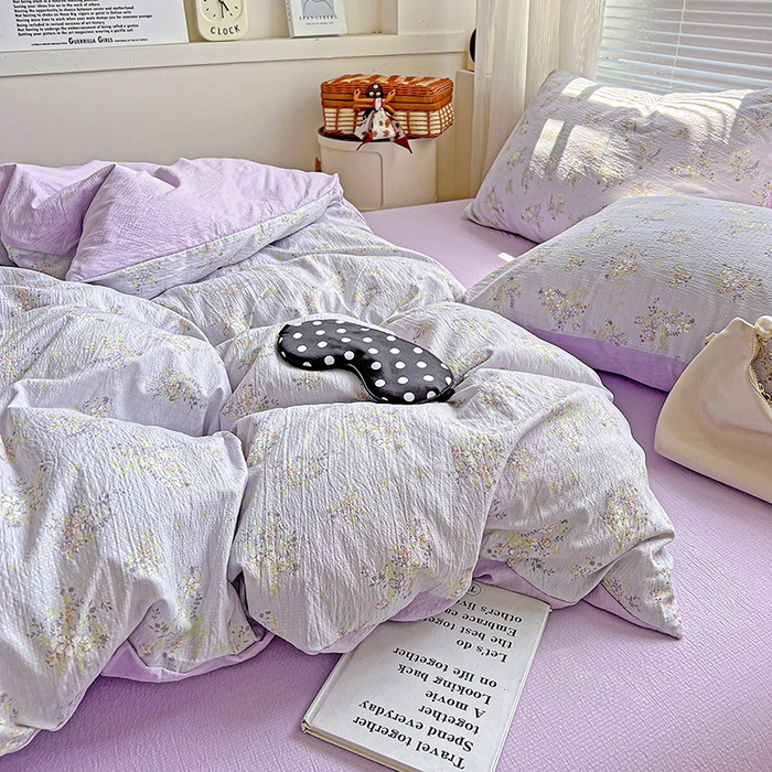 91家纺网 家纺一手货源 找家纺 金梦拉家纺 2025新款提花纱布棉双层纱皱皱纱四件套 桔梗紫