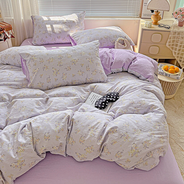 91家纺网 家纺一手货源 找家纺 金梦拉家纺 2025新款提花纱布棉双层纱皱皱纱四件套 桔梗紫