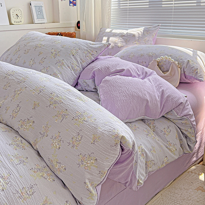 91家纺网 家纺一手货源 找家纺 金梦拉家纺 2025新款提花纱布棉双层纱皱皱纱四件套 桔梗紫