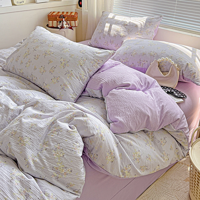 91家纺网 家纺一手货源 找家纺 金梦拉家纺 2025新款提花纱布棉双层纱皱皱纱四件套 桔梗紫