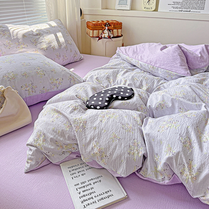 91家纺网 家纺一手货源 找家纺 金梦拉家纺 2025新款提花纱布棉双层纱皱皱纱四件套 桔梗紫