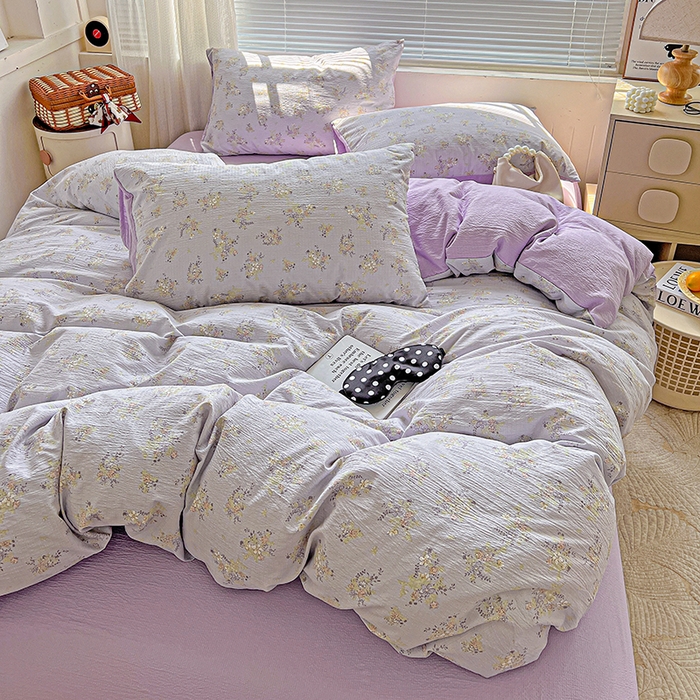 91家纺网 家纺一手货源 找家纺 金梦拉家纺 2025新款提花纱布棉双层纱皱皱纱四件套 桔梗紫