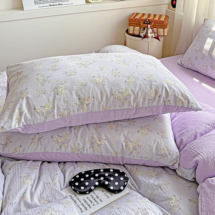 91家纺网 家纺一手货源 找家纺 金梦拉家纺 2025新款提花纱布棉双层纱皱皱纱四件套 桔梗紫