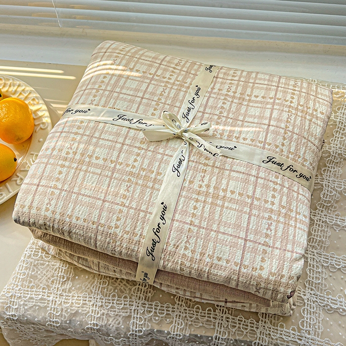 金梦拉家纺 2025新款提花纱布棉双层纱皱皱纱四件套 咖调蝴蝶结