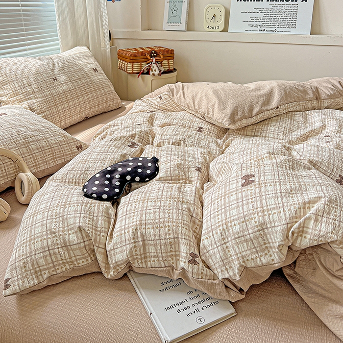 91家纺网 家纺一手货源 找家纺 金梦拉家纺 2025新款提花纱布棉双层纱皱皱纱四件套 咖调蝴蝶结